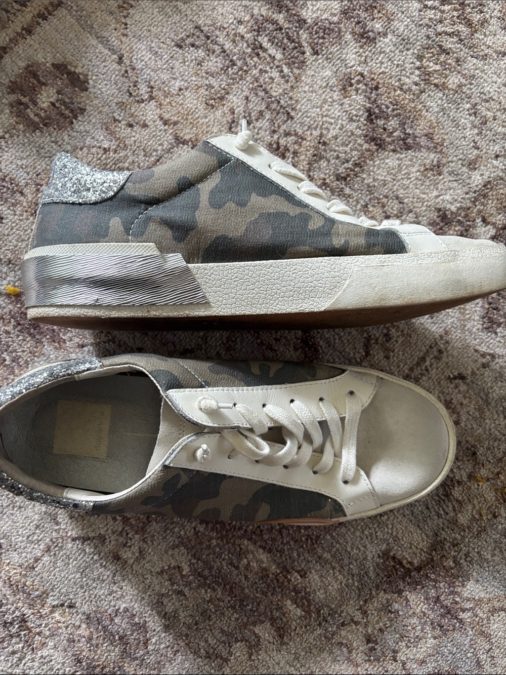 Dolce Vita Camo Low-Top Sneakers with White Accents and Silver Glitter Heel